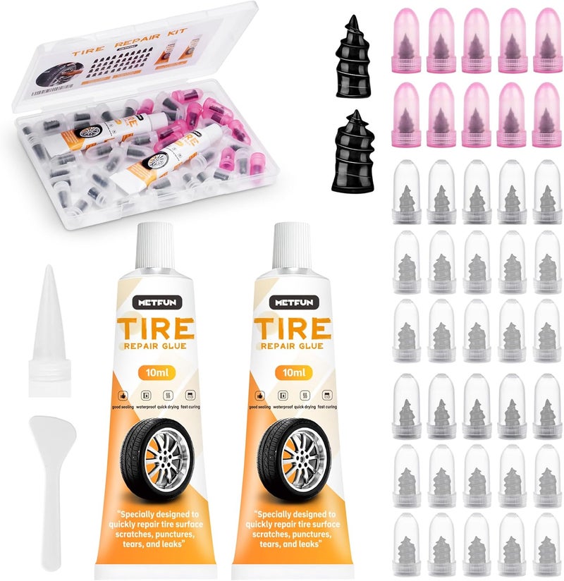 MetFun 40 PCS Tire Repair Rubber Nails Kit with 2 Tubes of Black Tire Sealant Glue, 2026 New Screw in Tire Plugs Kit, Fast Self-Service Tire Repair Screws Kit for Car Motorcycle Truck Tractor Puncture Repair - Image 1